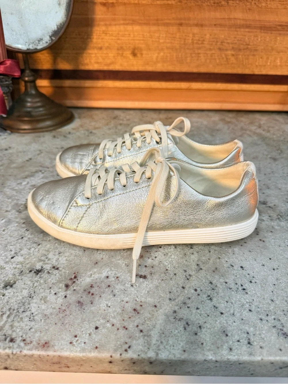 Cole Haan| Grand.ØS Silver Metallic Leather Sneakers| Size 5.5B - Picture 2 of 5
